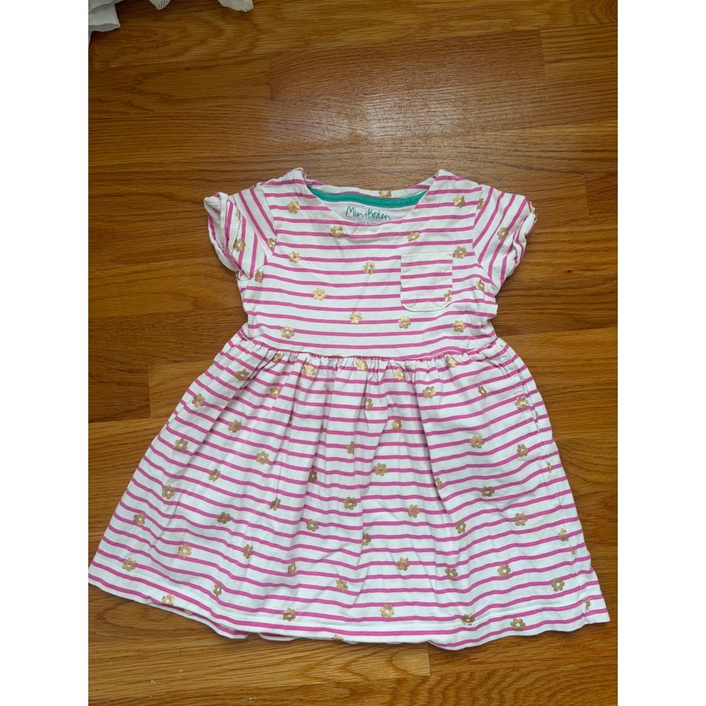 Mini Boden Girls Pink White Striped Gold Foil Floral Dress 4-5Y 110cm Jersey